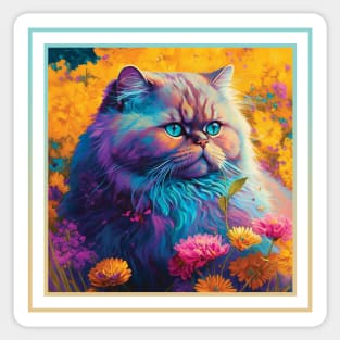 Voluptuous Persian Cat Vibrant Tropical Flower Digital Oil Painting Pet Portrait Sticker